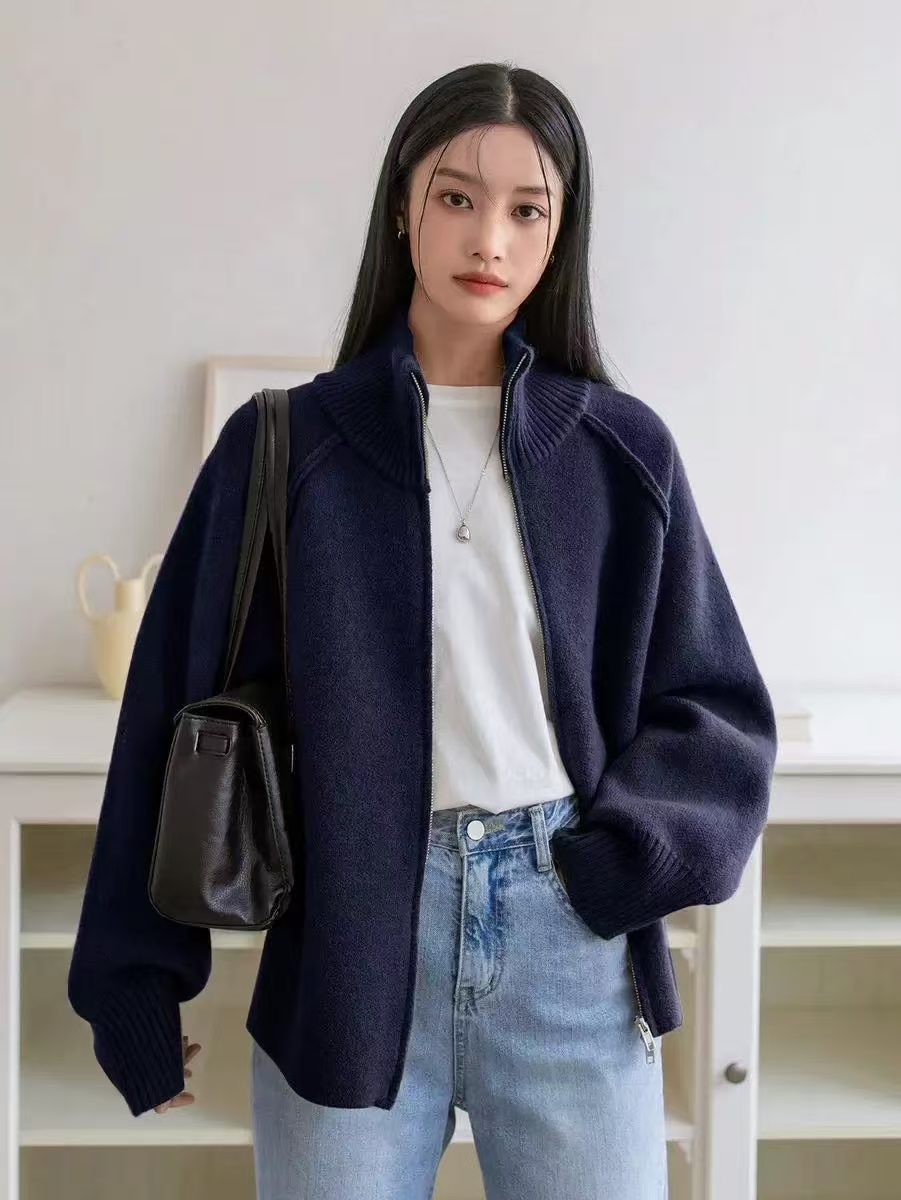 慵懒风毛衣外套女2025秋冬新简约韩系纯色立领拉链针织开衫上衣