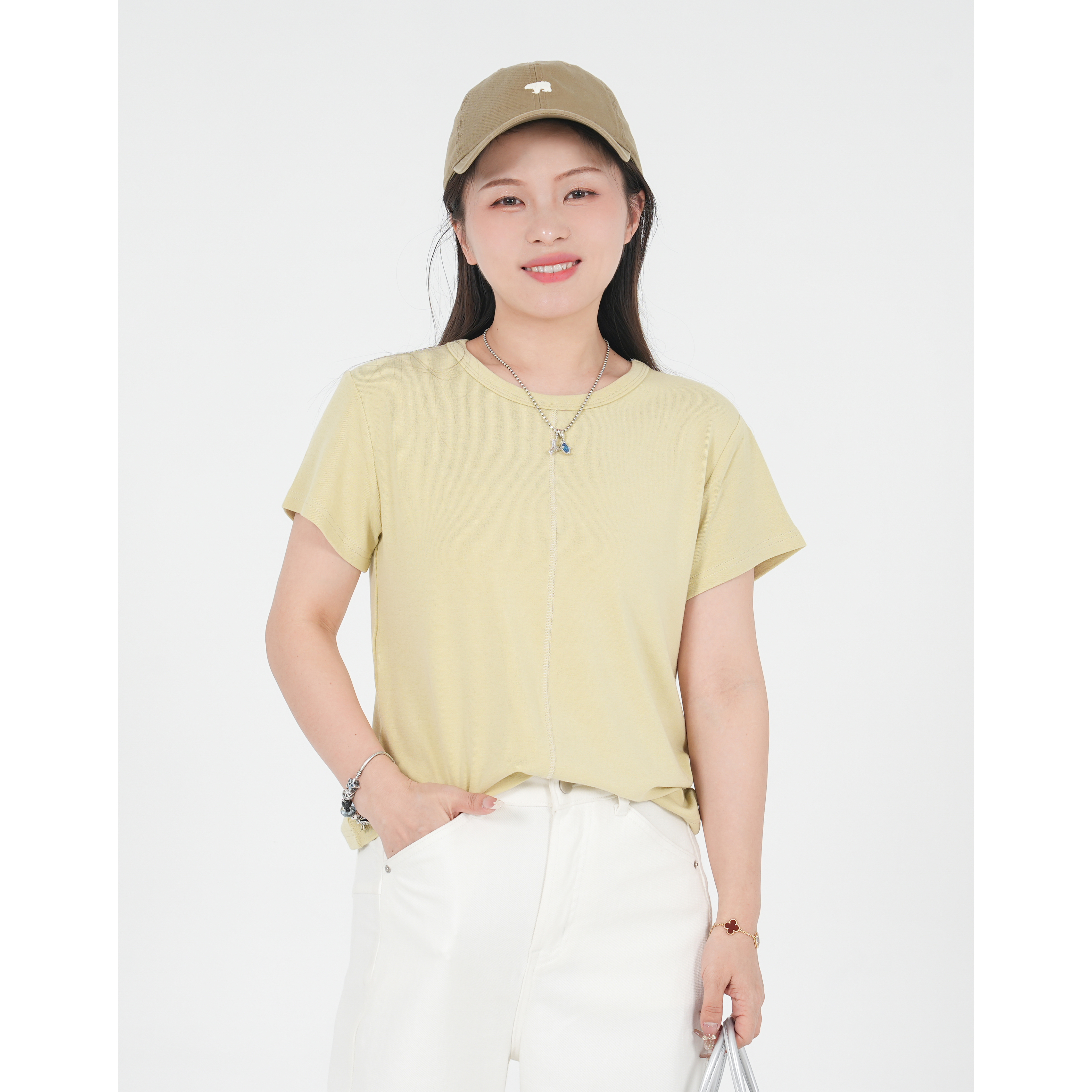 小个子圆圆HP407轻薄透气春夏圆领中缝纯色袖T恤简约短款上衣女