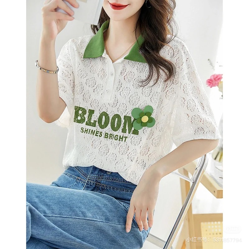 宽松套头蕾丝短袖POLO领雪纺衫夏季减龄高质感穿搭