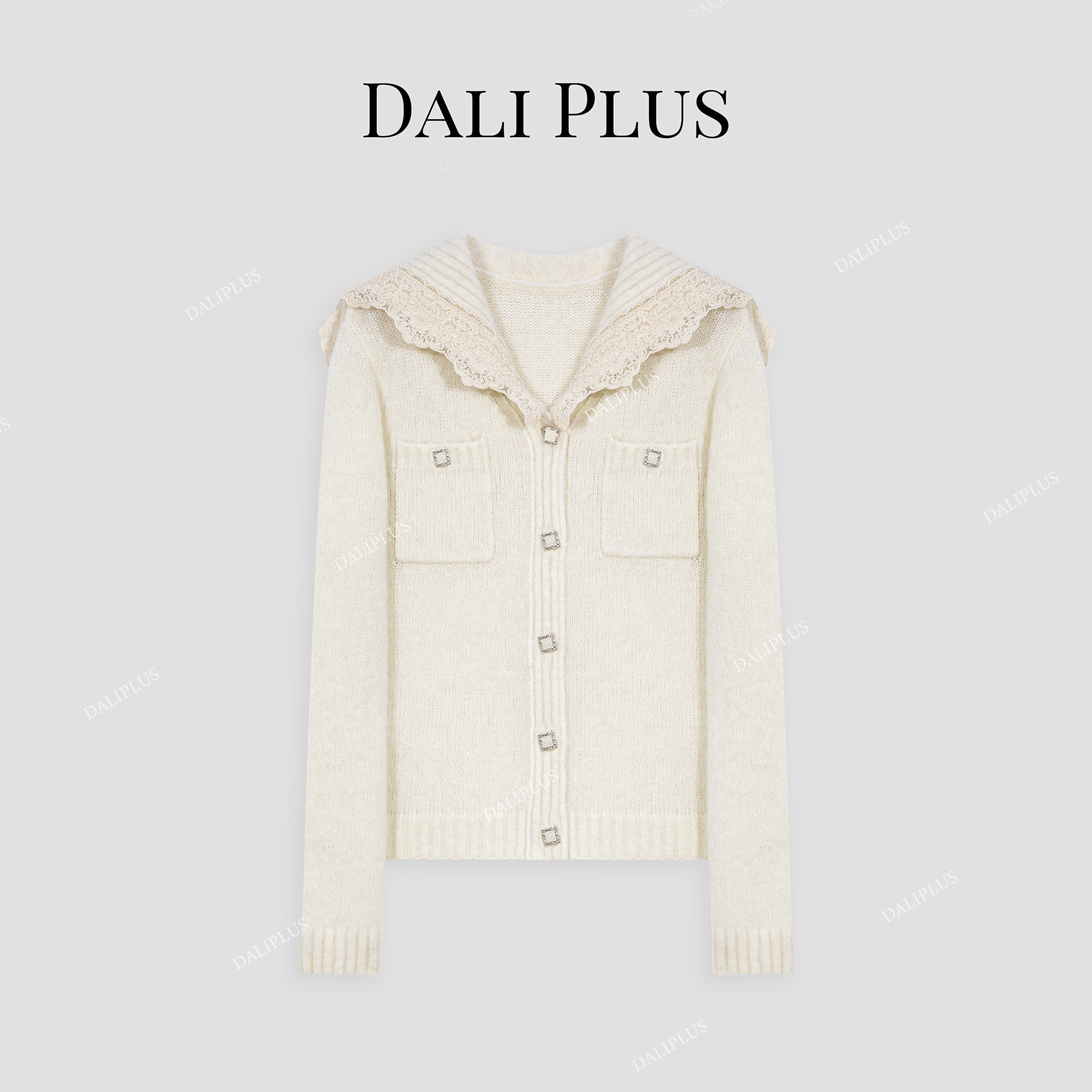 DALI PLUS【羊驼毛+绵羊毛】蕾丝花边海军领气质针织衫-D4MM0661