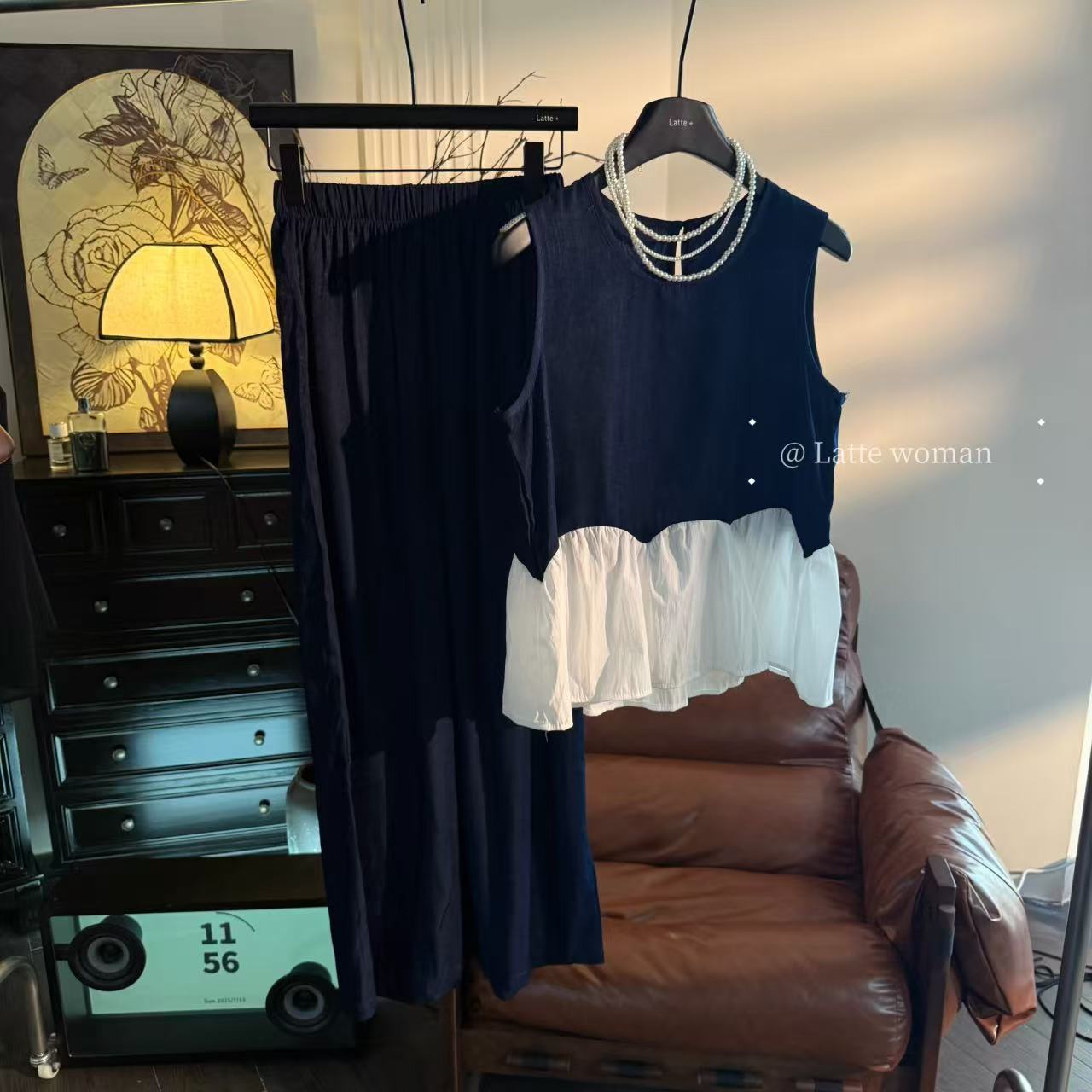 TZ6265#（慵懒小公主）藏青色韩系女2025新款无袖上衣阔腿裤两件套