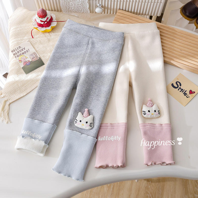 女童冬季加绒打底裤可爱卡通猫咪刺绣花边裤女宝宝秋冬一体绒长裤