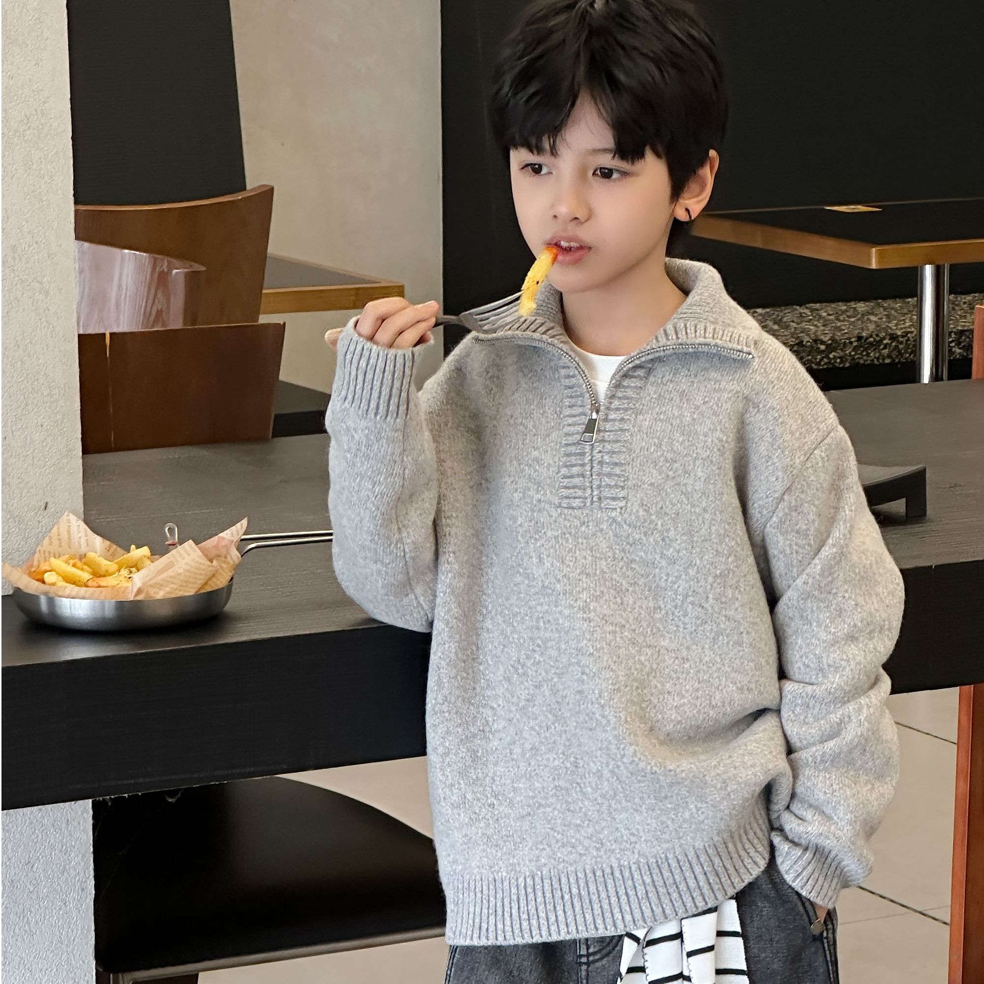 MXT.法式休闲风慵懒感男童毛衣针织衫童装时尚上衣polp领宽松