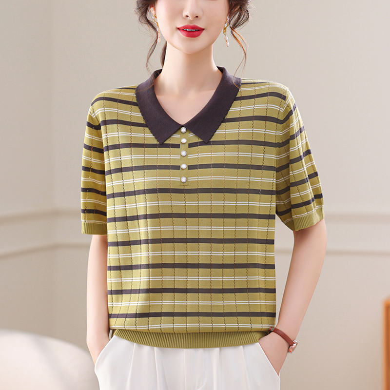 时尚娃娃领格子上衣薄款高档短袖t恤别致独特夏装冰丝针织衫新款