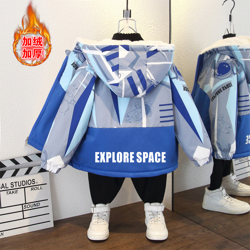 女童秋冬款连帽加绒加厚棉衣外套男童个性拼接太空字母印花派克服