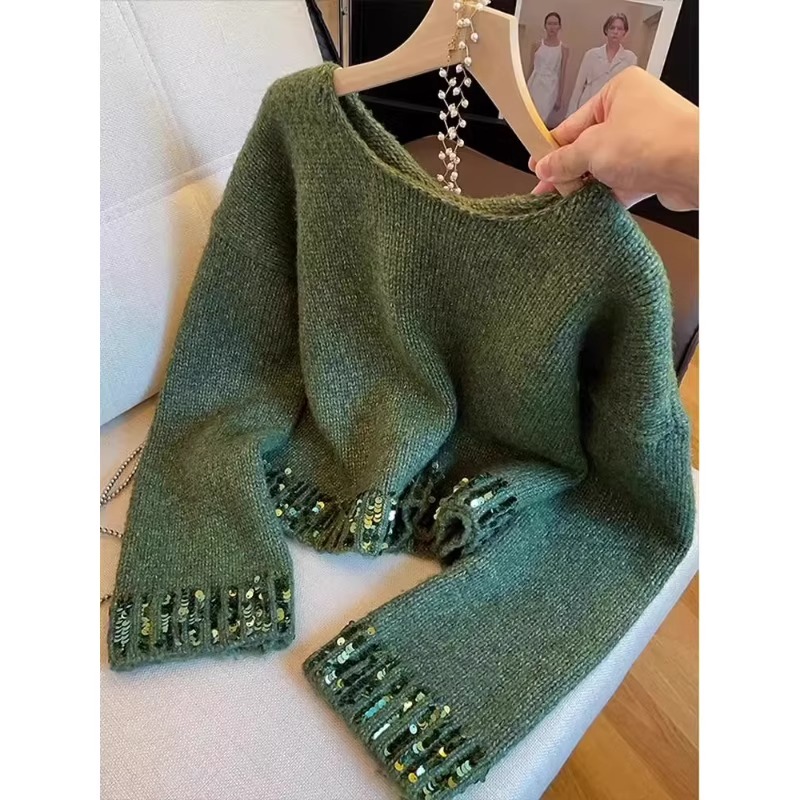 重工高级感时尚气质亮片拼接针织毛衣女秋冬新款设计感洋气上衣