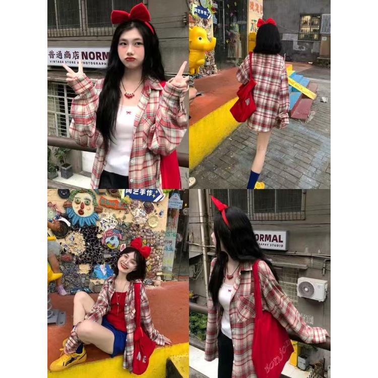 休闲格子慵懒风衬衫百搭衬衫女装长袖学院风外套复古格纹-9685