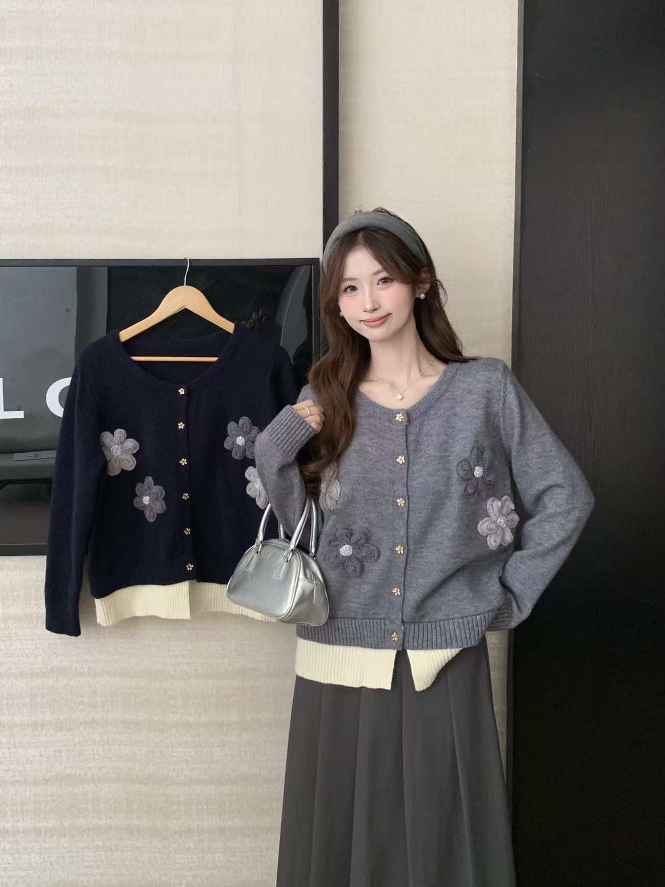 立体花朵毛衣开衫女2025秋季新款大码胖mm假两件拼接长袖针织衫