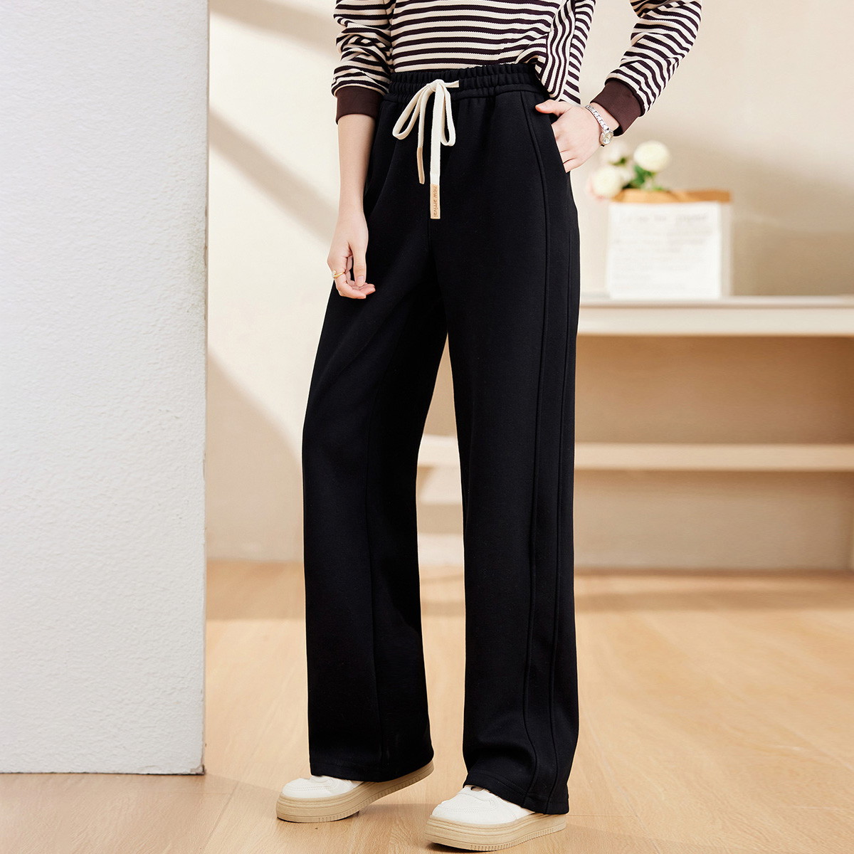 Pstl/帕丝特中老年妈妈休闲裤显瘦阔腿裤高腰黑色气质时尚宽松