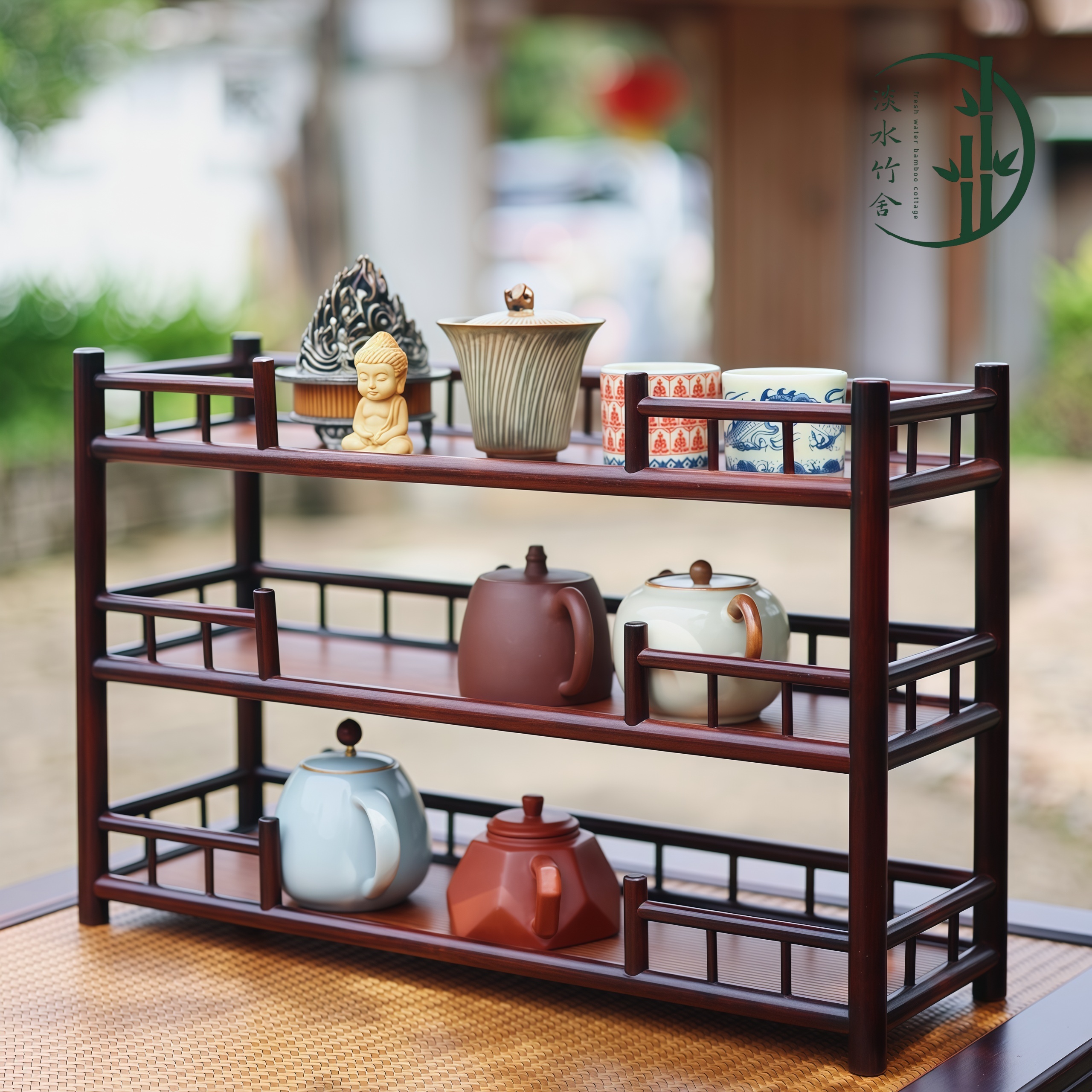 「凭栏」精品竹制防尘家用壶架杯架展示架茶道置物架中式轻奢