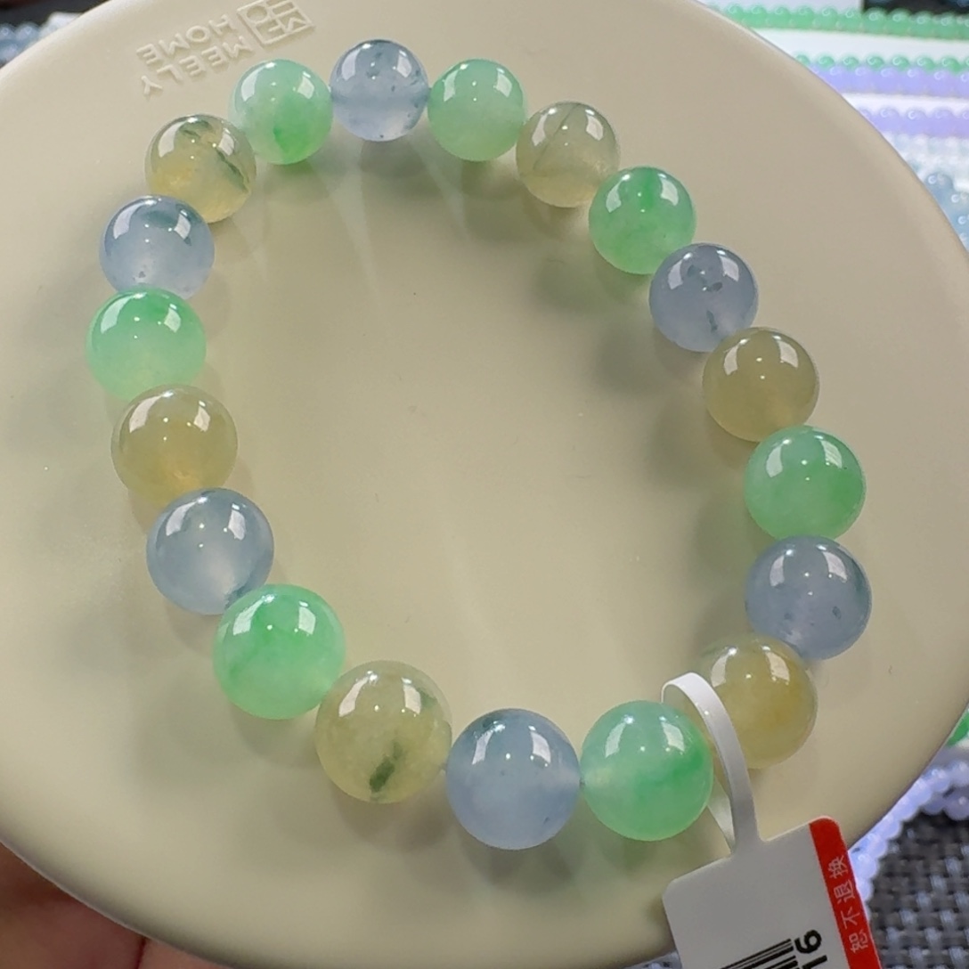 翡翠手链未镶嵌山*冰三彩飘花手串10mm 韵味！