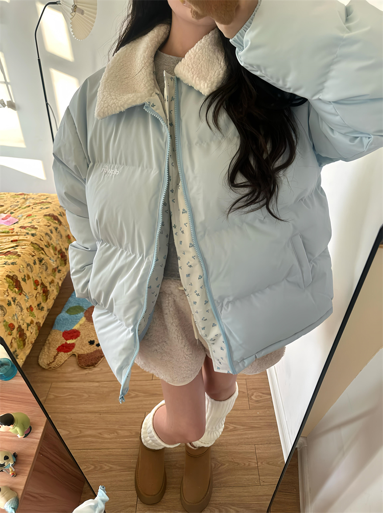 2024冬季新款韩系甜美减龄BABY蓝翻领气质保暖碎花拼接棉服外套女