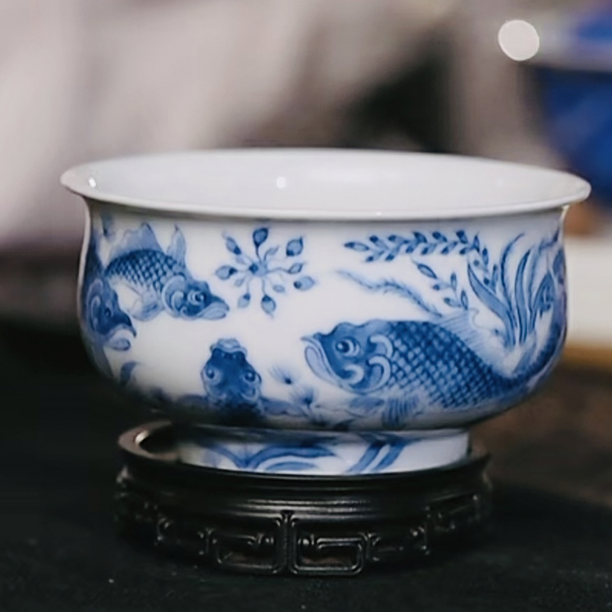 【黄老邪真选】望月怀古｜青花内外绘鱼藻纹炉式杯茶杯主人杯陶瓷