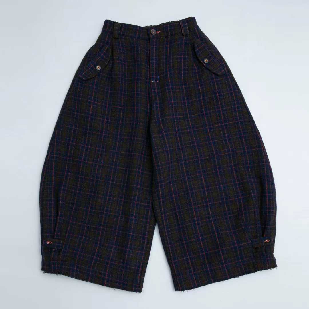 垒土原创复古蓝格纹羊毛裤子0754