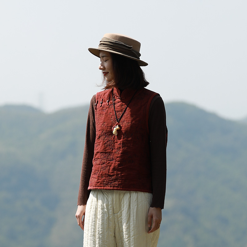 慢慢变蓝原创设计 秋冬女士中式立领薄棉提花马甲背心坎肩民族风