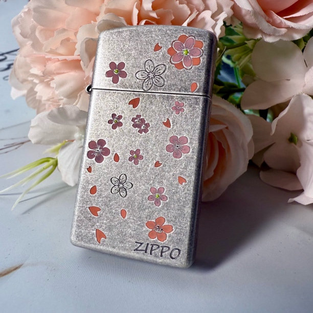 Zippo打火机正版纤巧窄机仿古银填漆桃花庵 个性创意送男朋友DYJ1
