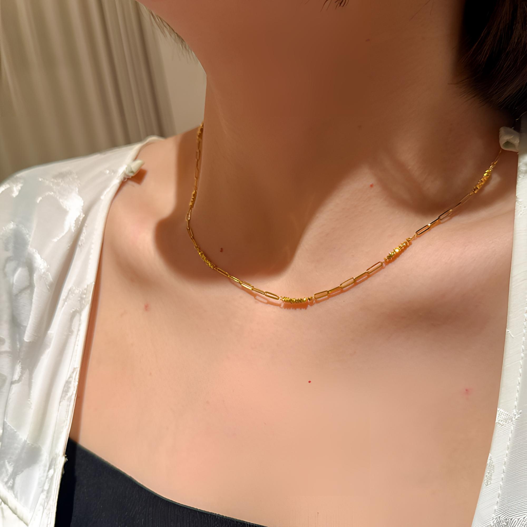 【老陶】足金黄金纯金百搭条花纹锁骨颈链