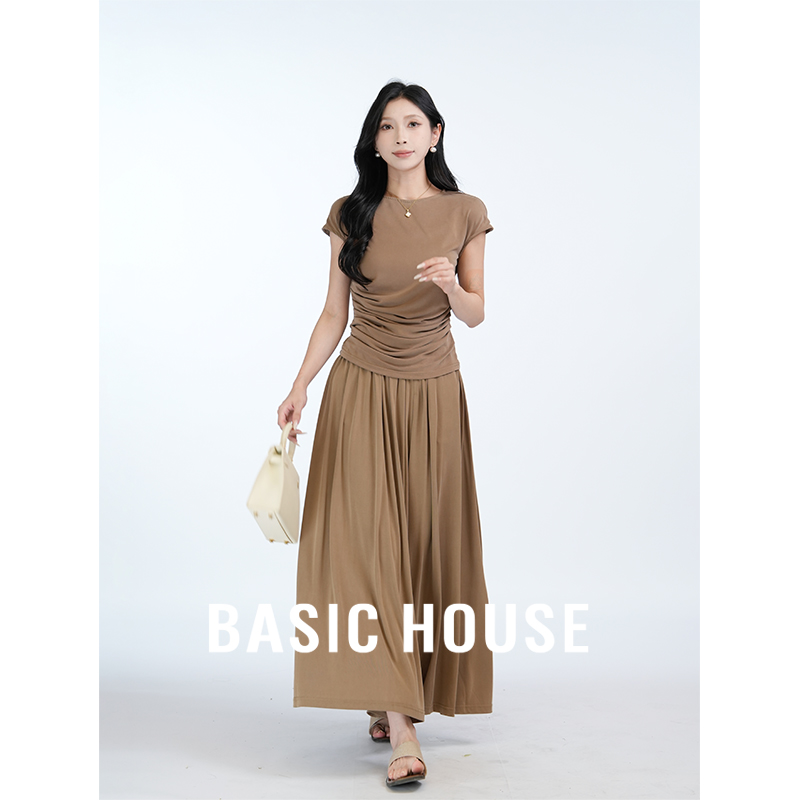 Basic House/百家好CSM优雅气质显瘦两件套女遮肉短袖上衣半身裙