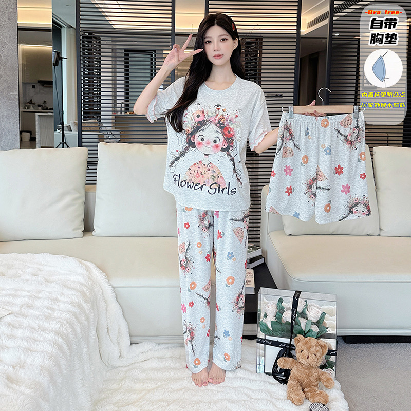 夏季新款花园系列短袖带杯垫三件套睡衣可爱绵柔透气舒适套装2122