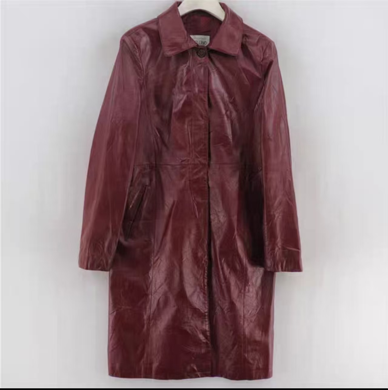 A223酒红色长款皮衣时尚潮流休闲百搭