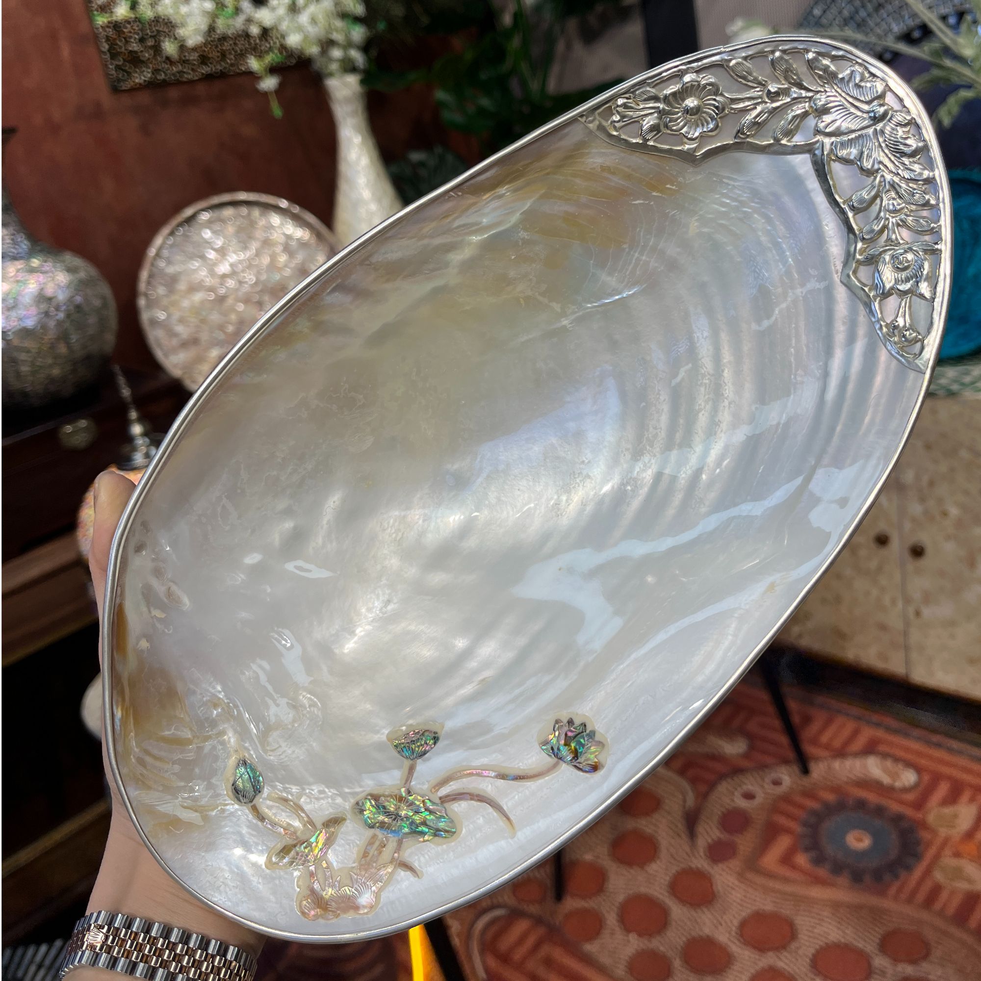 T新款手工雕花荷塘月色印尼大贝壳水果盘首饰收纳盘