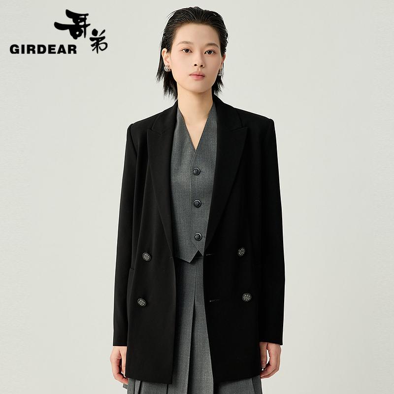 GIRDEAR/哥弟新款轻奢质感前短后长设计H型双排扣西装外套 140002