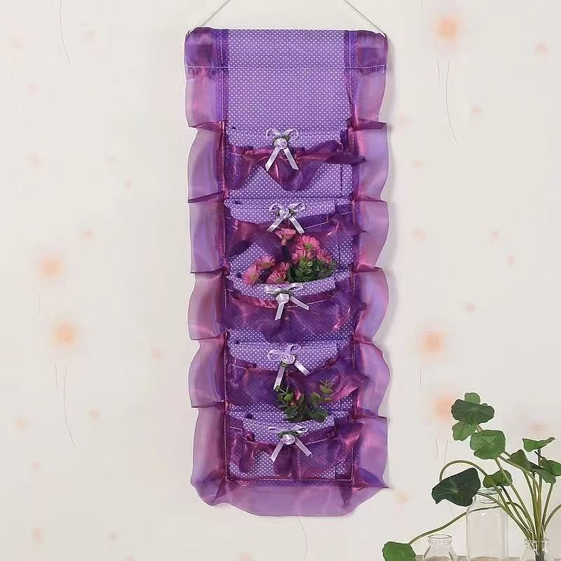 客厅格子韩式蕾丝立体款收纳挂袋家用围巾整理袋壁挂式收纳架