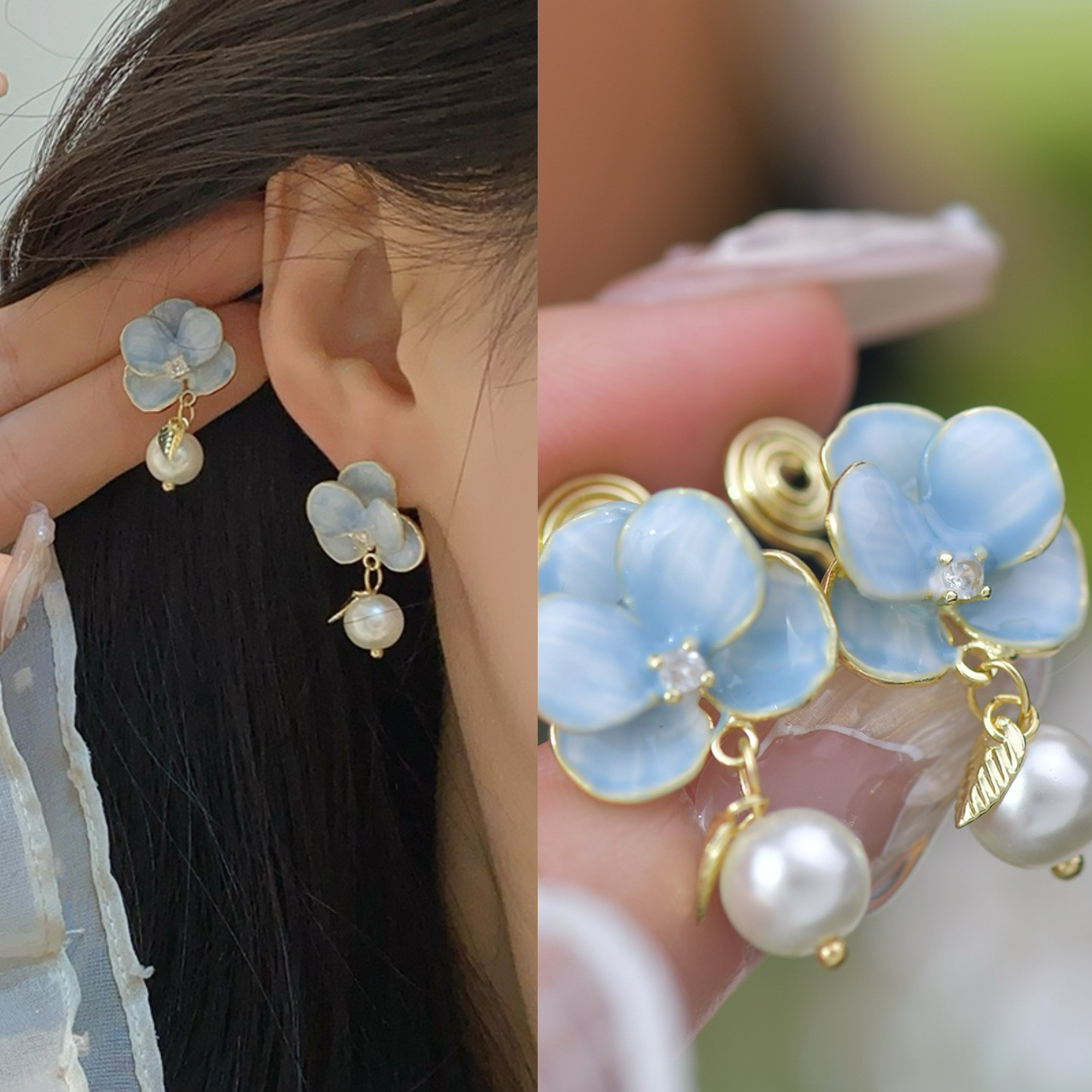 无耳洞「水雾花语」蓝色法式花朵耳钉女精致小清新无痛蚊香盘耳夹
