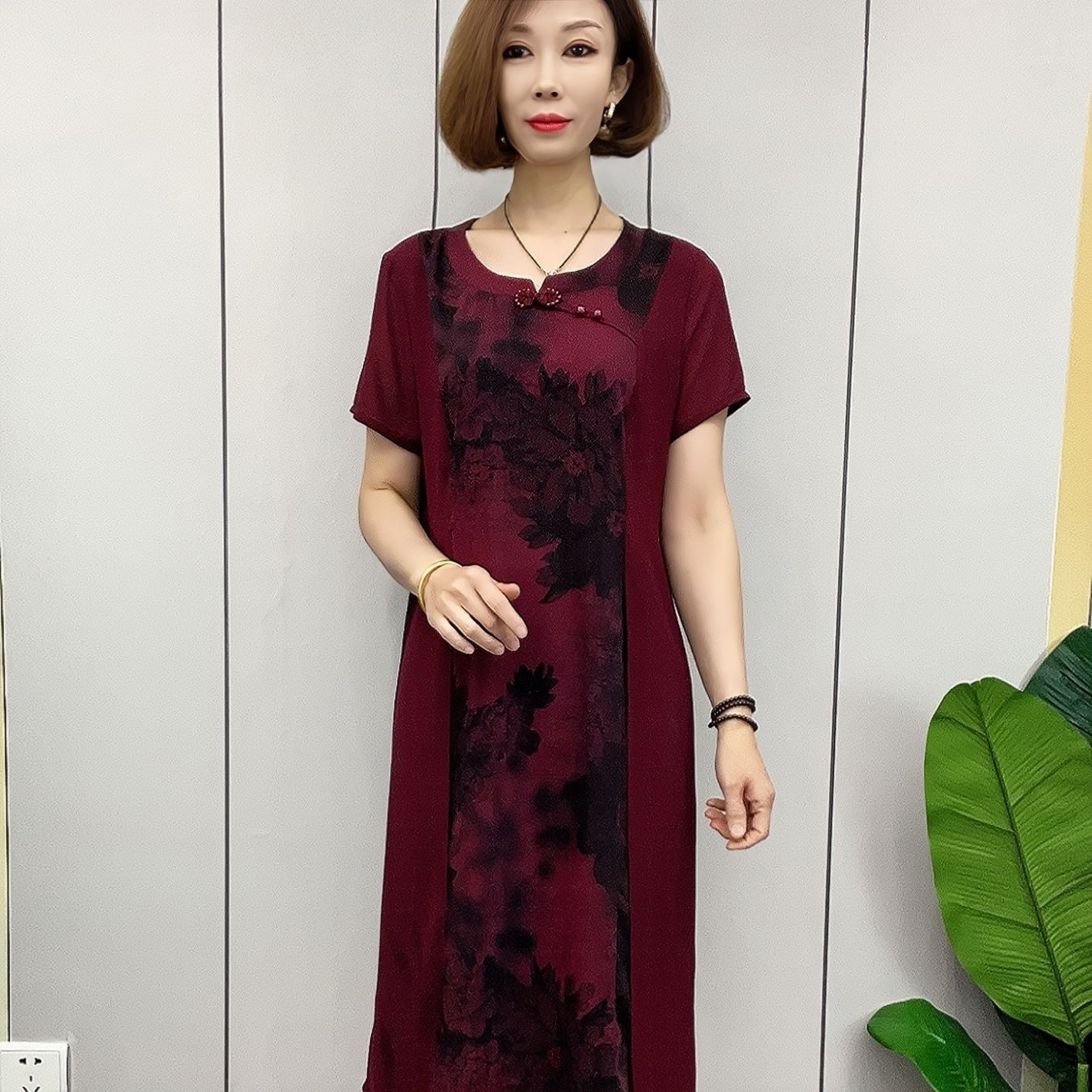 H459～夏季妈妈款盘扣假两件连衣裙
