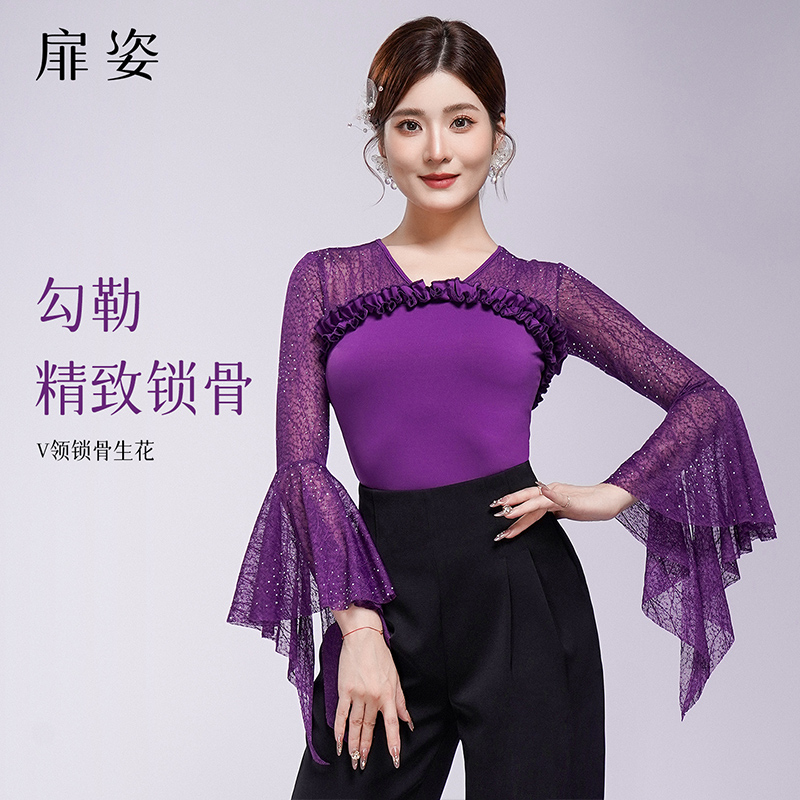 扉姿 摩登舞上衣女新款高级蕾丝烫钻国标舞服装洋气跳舞衣服F1338