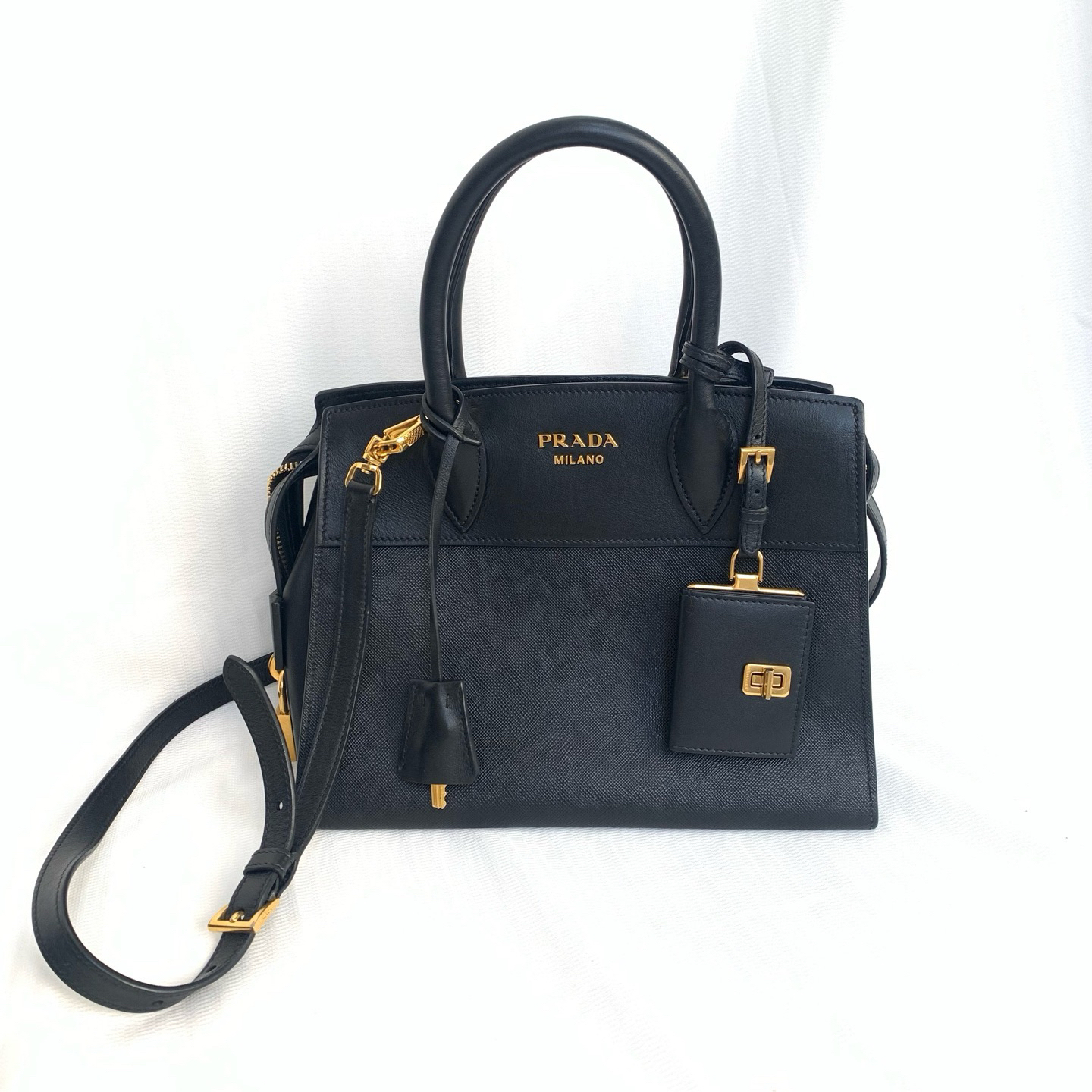 95新 Prada/普拉达 prada esplanade 黑色全皮手提包 底长26
