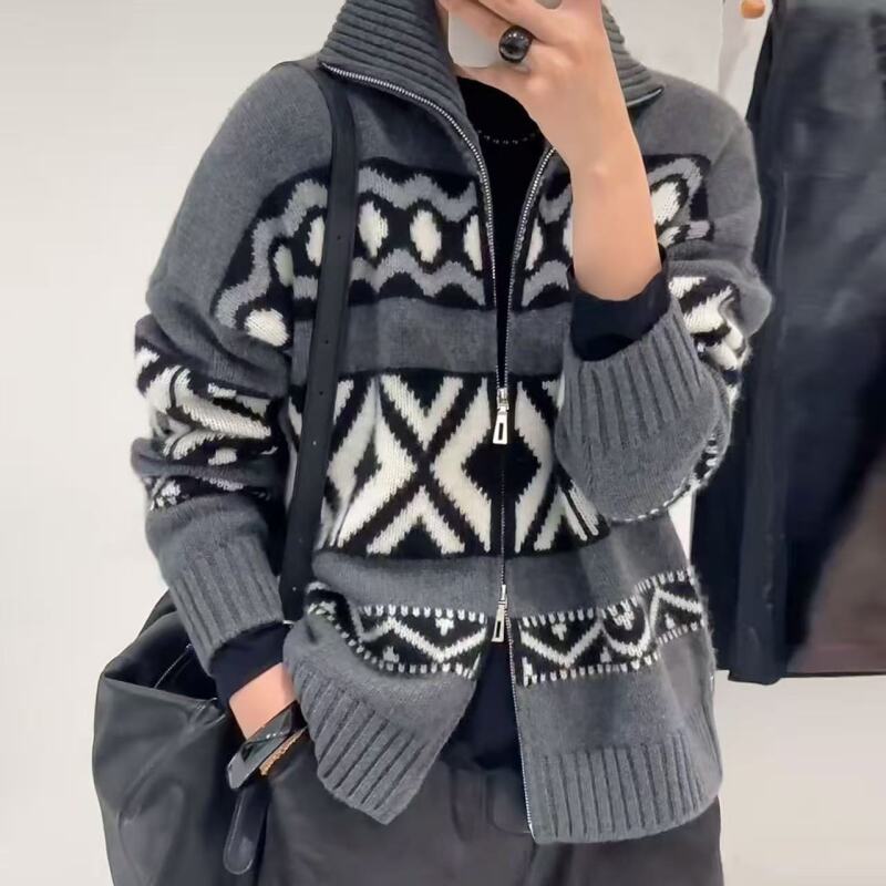 【灰色几何双拉链】妈妈款时尚针织拉链开衫a13