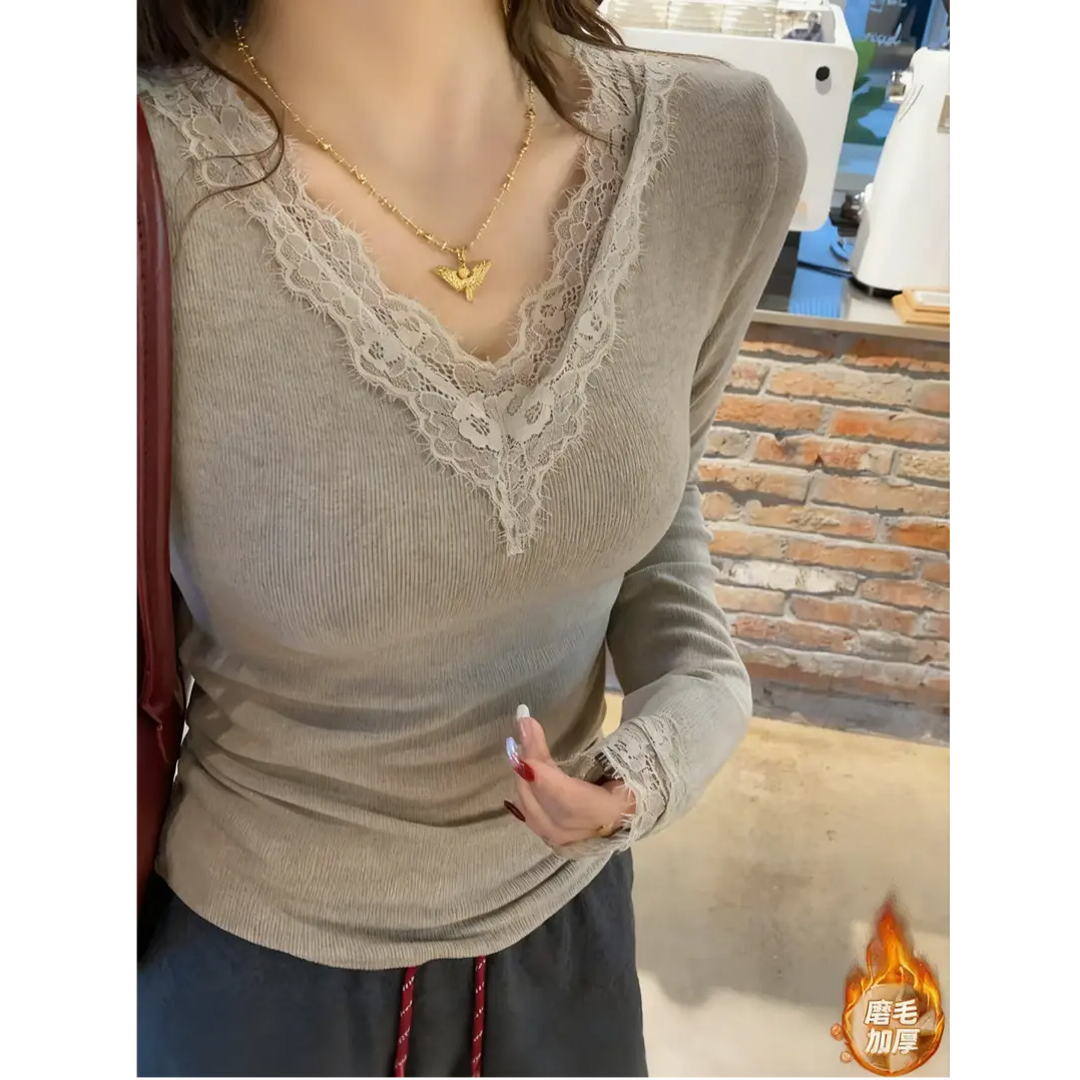 2025秋冬【慕斯双面绒】气质韩版V领蕾丝设计款修身显瘦百搭女1241