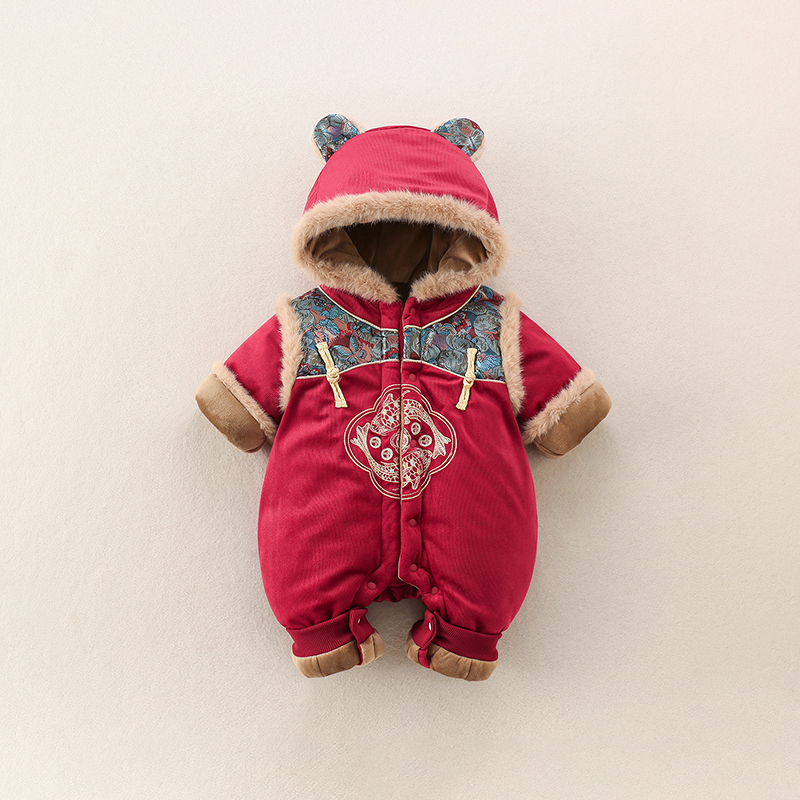 婴儿拜年服冬季衣服加厚中式连体衣百天周岁礼服男女宝宝冬装外出