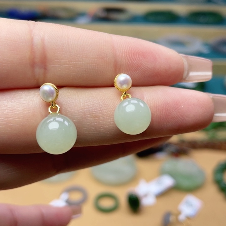 和田玉耳钉银S925镶嵌