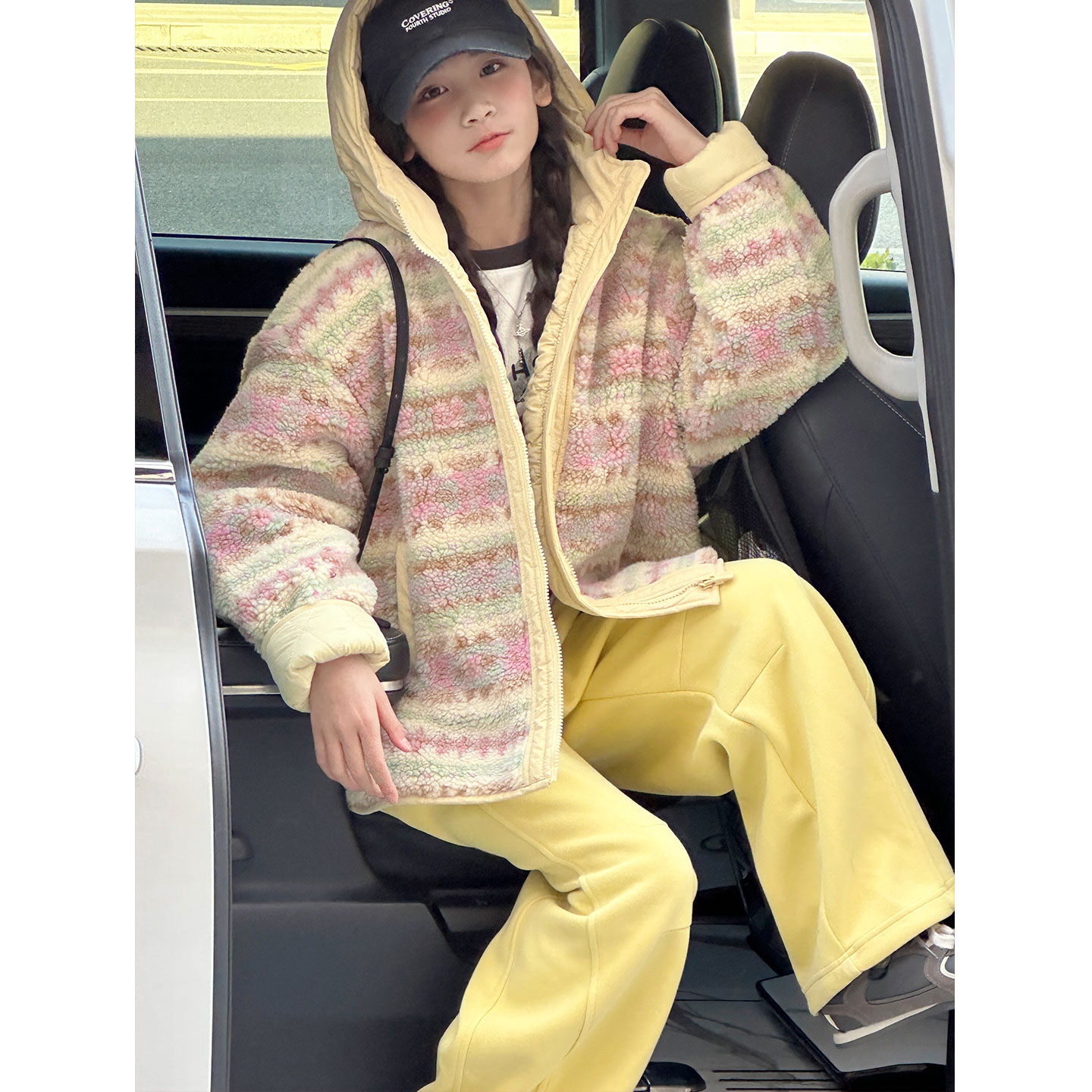 K30424马卡龙撞色女童夹棉加厚外套秋冬装2025新款大童儿童毛毛衣