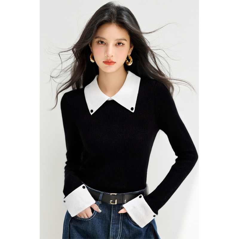 上衣针织衫女毛针织衫毛衣翻领复古撞色刺绣女针织衫