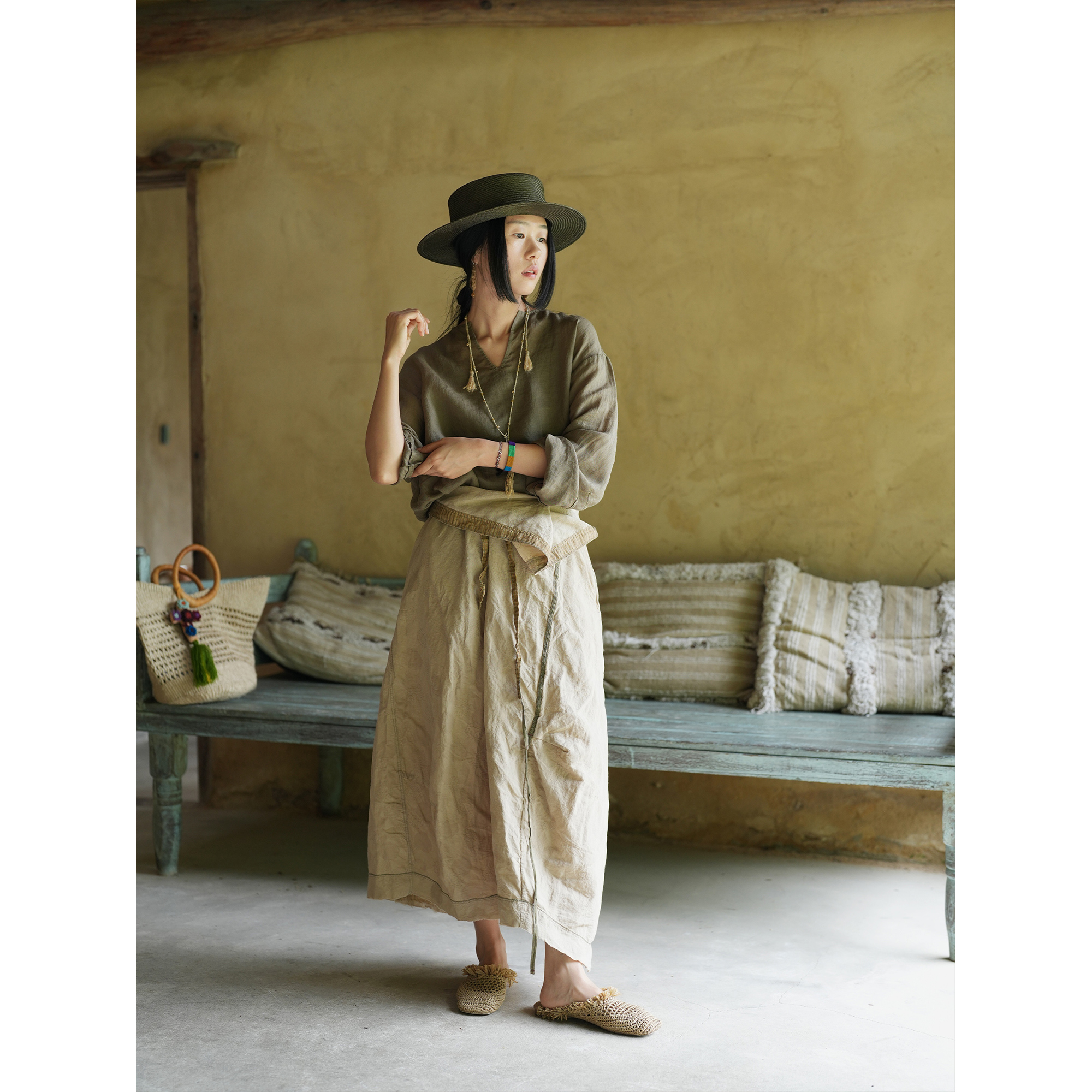 几见 原创设计夏季汉麻棉高腰半身裙水洗做旧手工线复古风K52472