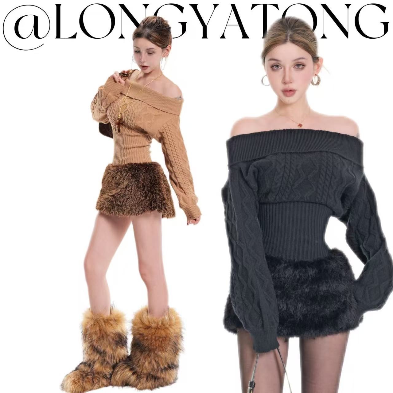 龙牙童推荐【加州信号】秋冬欧美针织长袖辣妹一字肩套装百搭短裙