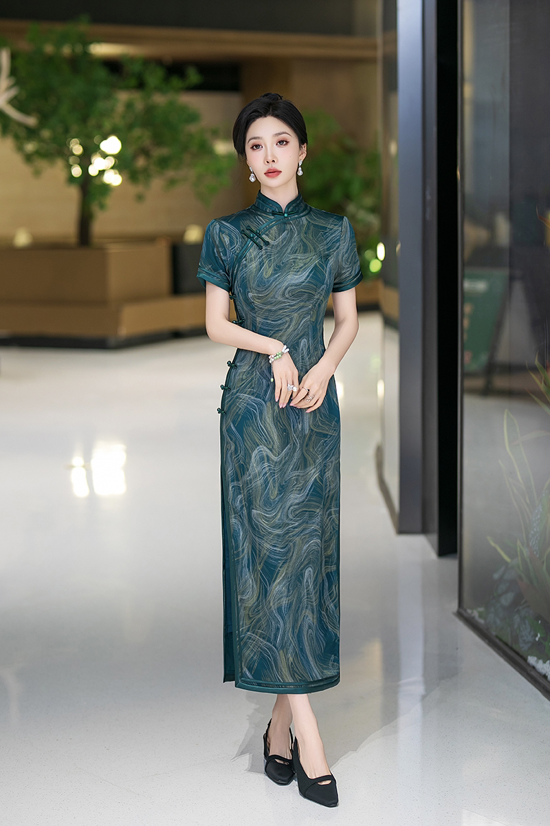 【395】（衣长125cm）日常重磅立领显瘦提花优雅旗袍双层