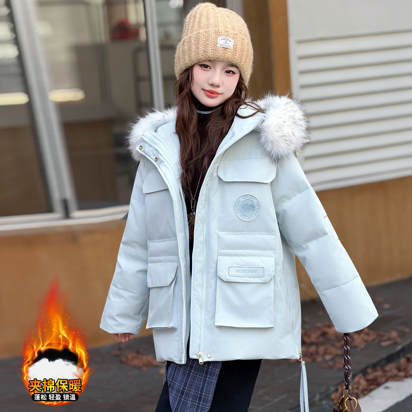 【嘻嘻柚】女童冬装毛领派克服棉衣2025新款连帽工装加厚棉服外套潮