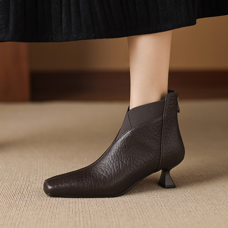 4cm牛皮方头中跟短靴复古粗跟手工真皮女鞋气质百搭后拉链18-800