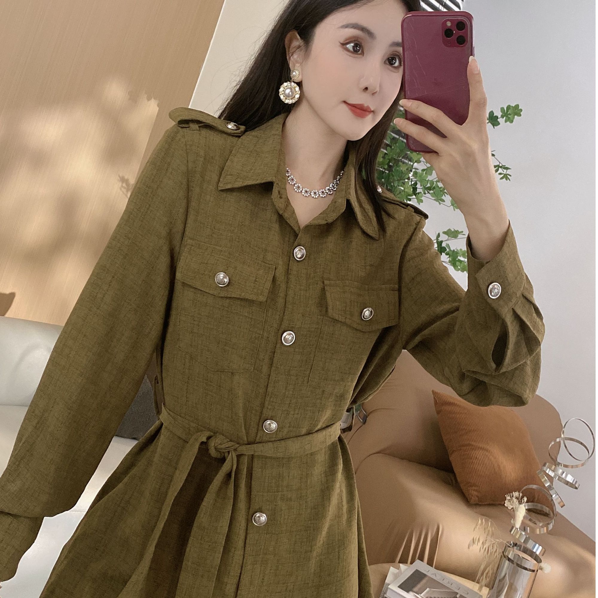 系带双口袋衬衫+两侧松紧短裤两件套(YD)2866