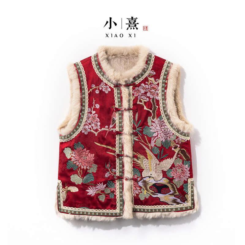 【花鹊】2025新款新中式马夹女式皮毛一体宽松国风重工刺绣兔毛马甲