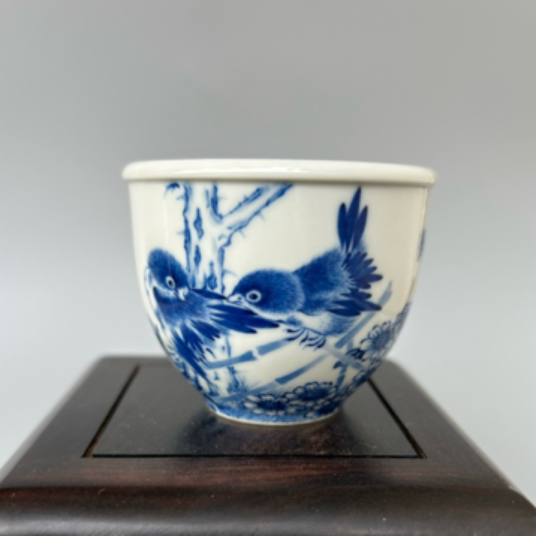 澄怀堂鸟语花香缸杯陶瓷纯手工主人杯手绘全手工釉下彩釉下青名窑