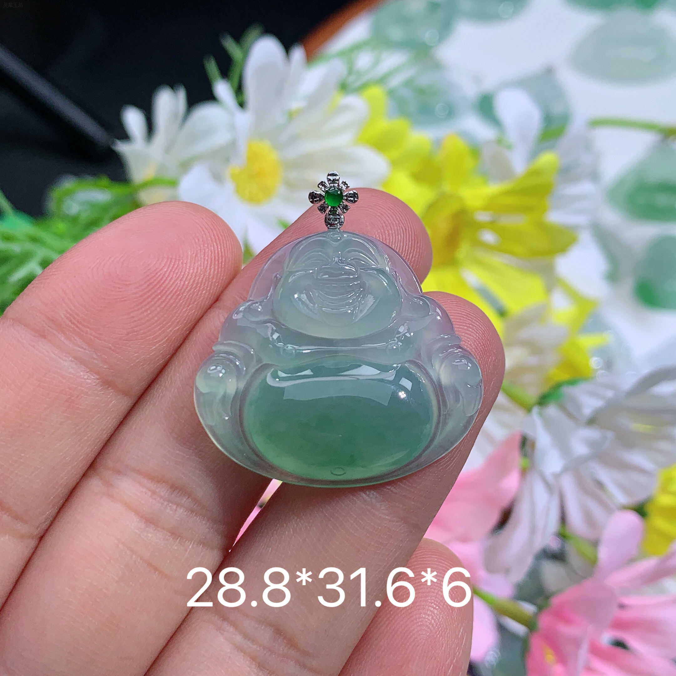 缅甸翡翠A货冰种飘绿佛公海精致雕刻上等翡翠佛公珠宝首饰精美玉