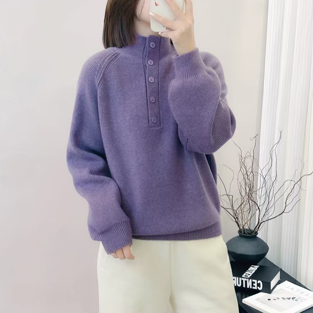 胖mm大码洋气春纽扣显瘦时尚软糯中低领休闲百搭宽松毛衣女针织衫