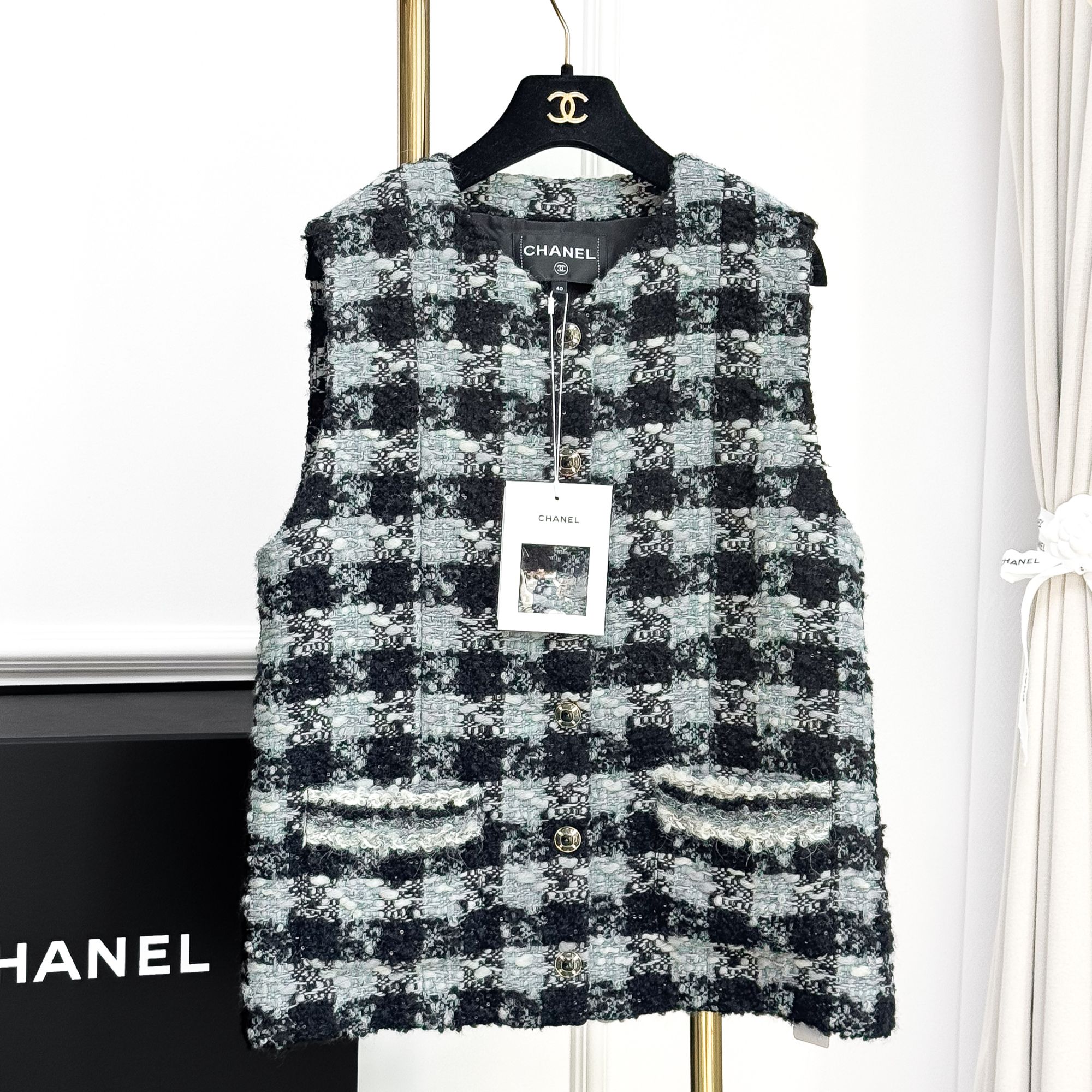 99新 Chanel/香奈儿 40码 黑色拼蓝色 格子 无袖 编织 马甲