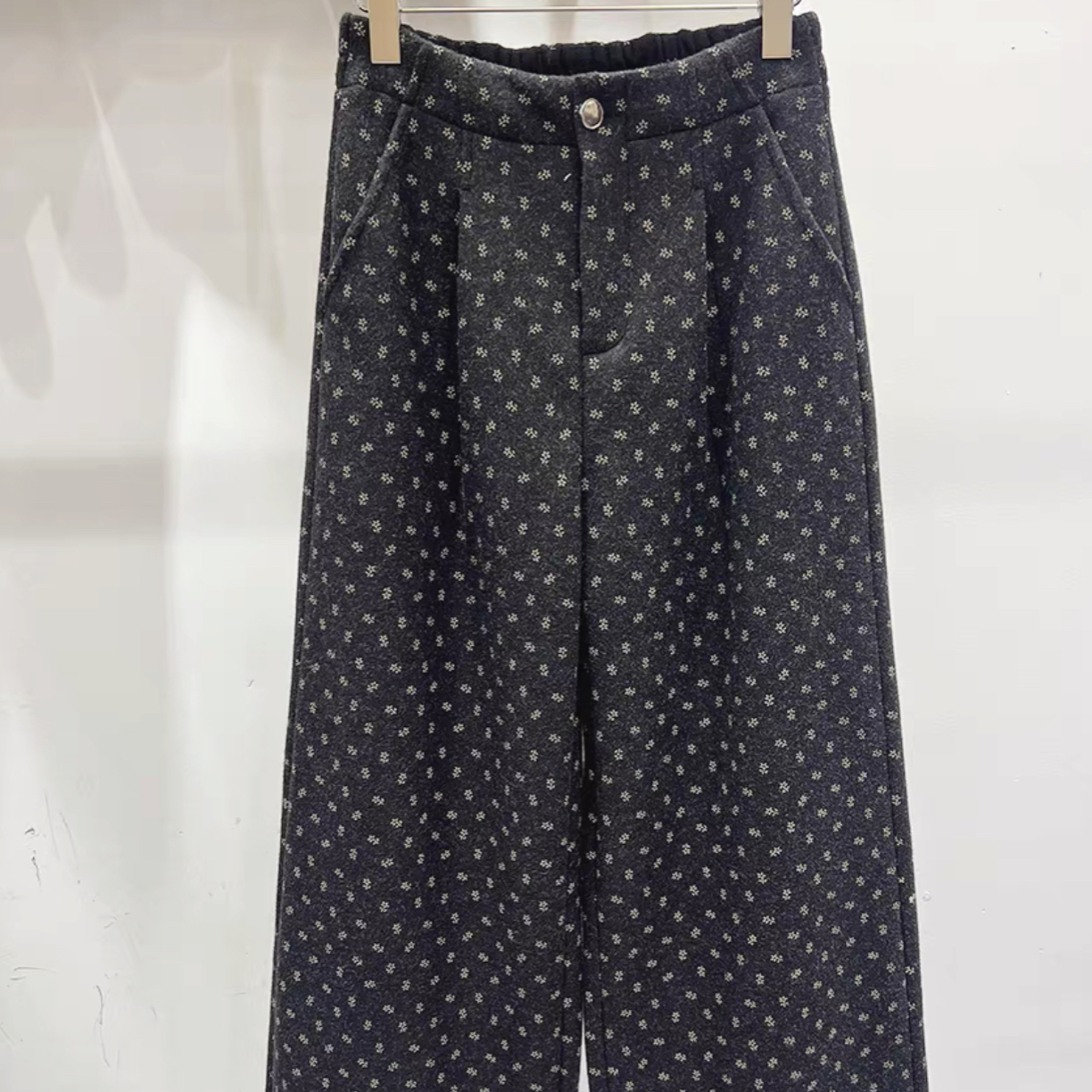 【韩衣舍】9913秋冬加绒碎花高腰显瘦宽松休闲直筒阔腿裤（裤长98