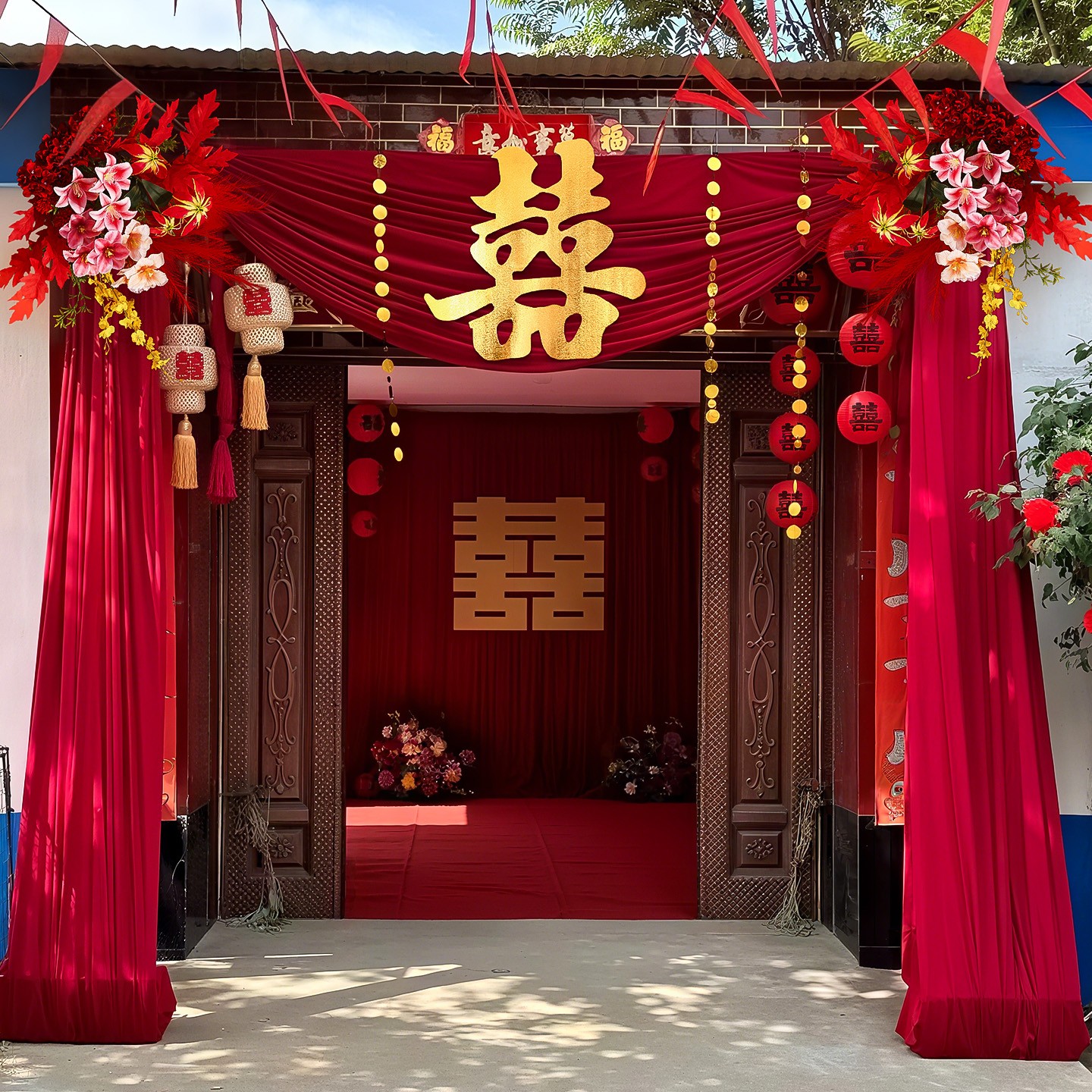 菲寻农村结婚院子婚礼装饰男女方自建房大门喜字布幔婚房布置套装